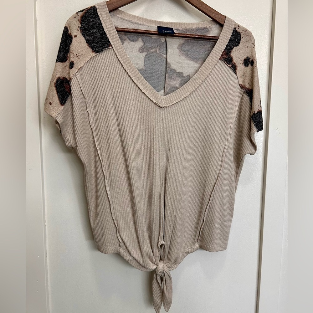 Daytrip Tan V-Neck Top with Animal Print Accents